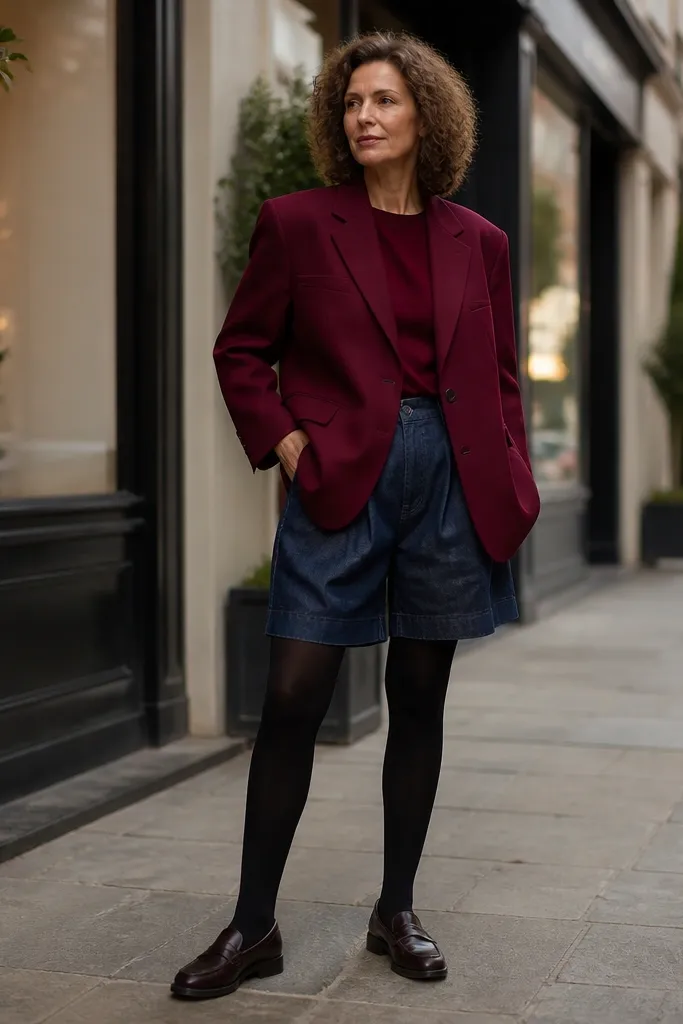 Burgundy oversized blazer over baggy denim shorts with tights