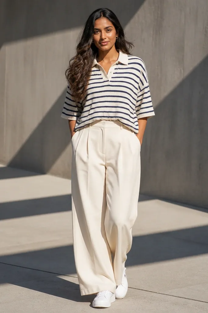Striped oversized polo with wide-leg pleated trousers and white sneakers