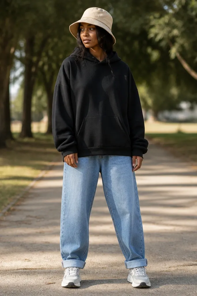 Black oversized hoodie with light blue baggy jeans and a beige bucket hat