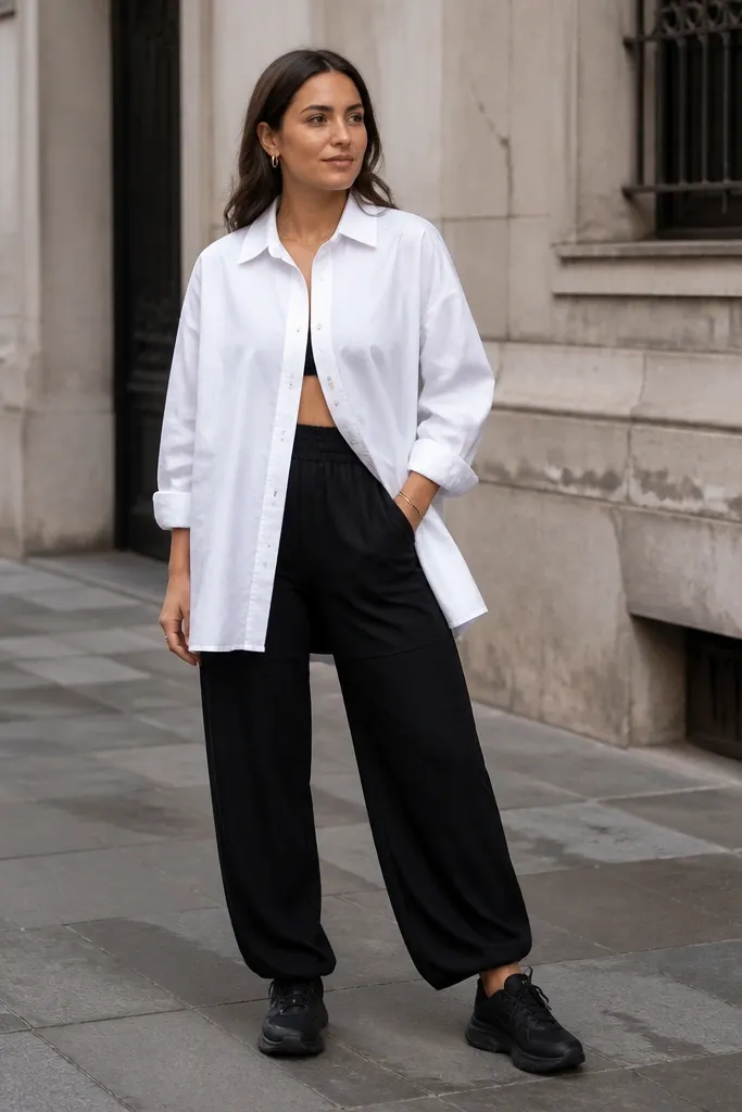 White oversized shirt over black bike shorts with baggy black trousers