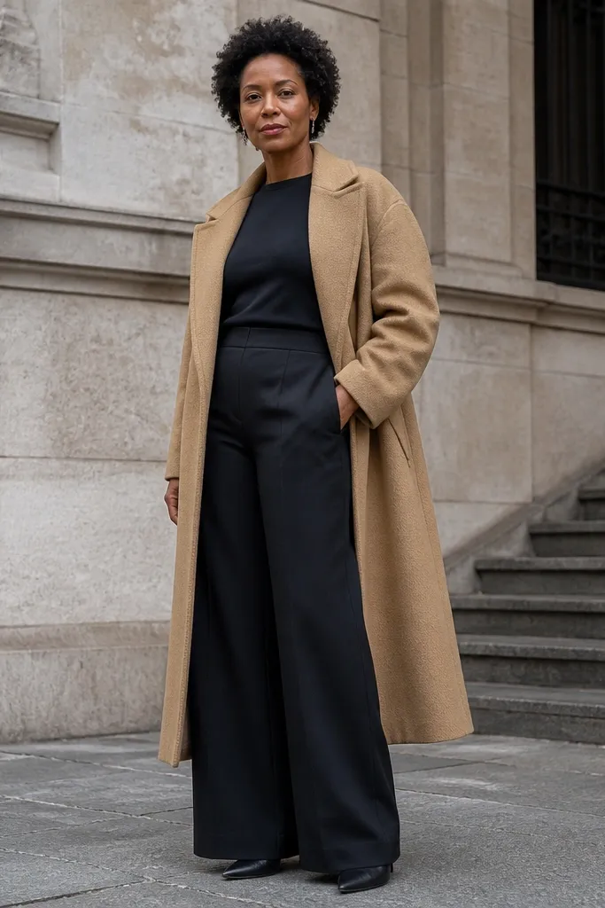 Camel oversized coat over black wide-leg pants with a black bodysuit