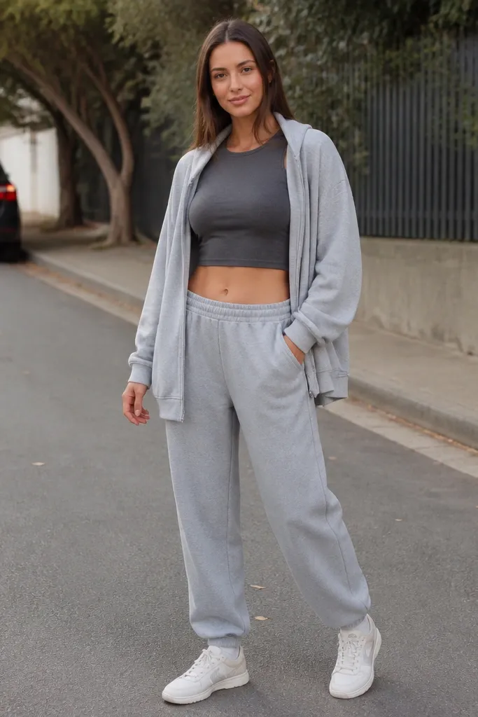 Grey sweatpants with a crop tee and an oversized top layer