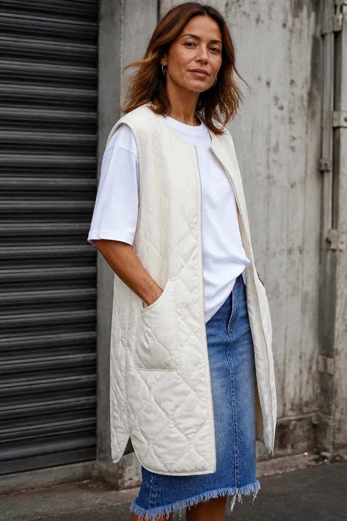 Denim skirt with raw hem over an oversized tee and a longline vest