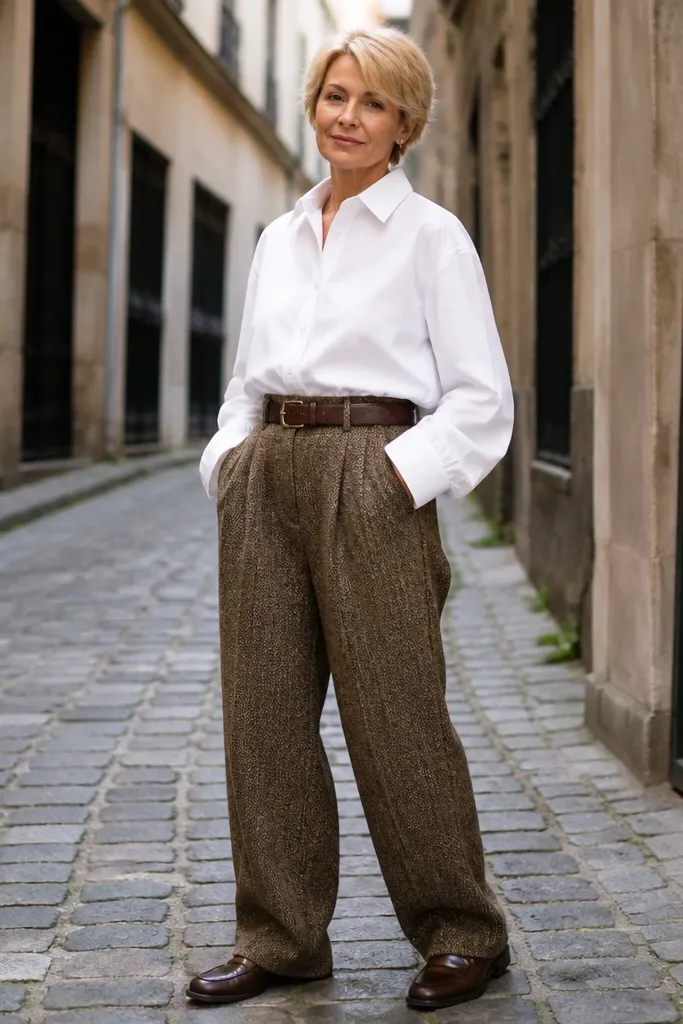 Tweed baggy trousers with an oversized white shirt and a brown leather belt