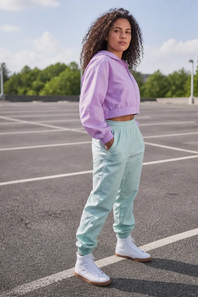 Pastel track pants with a cropped windbreaker and high-top sneakers