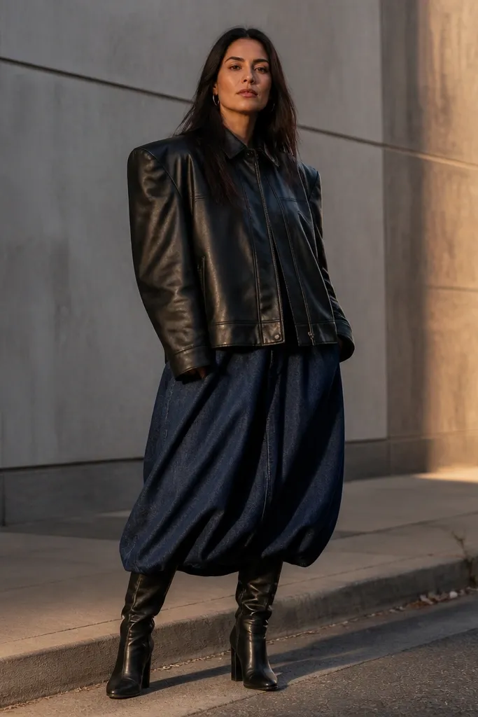 Oversized black leather jacket over a baggy denim skirt with tall boots