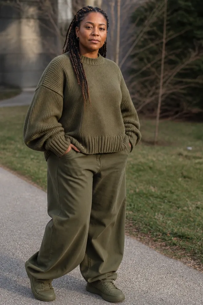 Monochrome olive oversized knit with olive baggy pants and matching sneakers