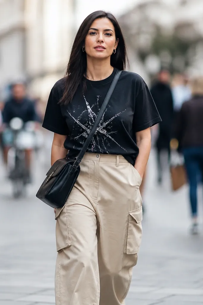 Black graphic tee with baggy beige cargo pants and a black crossbody bag