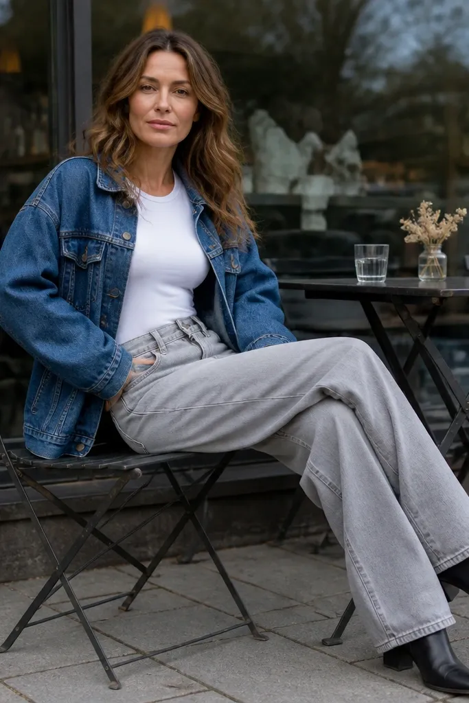 White bodysuit with oversized denim jacket and baggy light grey jeans