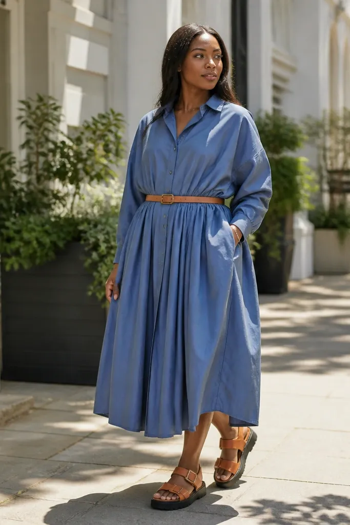 Blue oversized shirt dress belted at the waist with chunky sandals