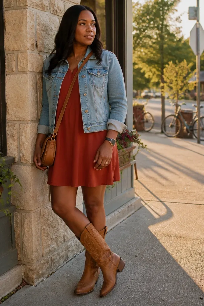 Rust brown short dress with light denim jacket and tan cowboy boots