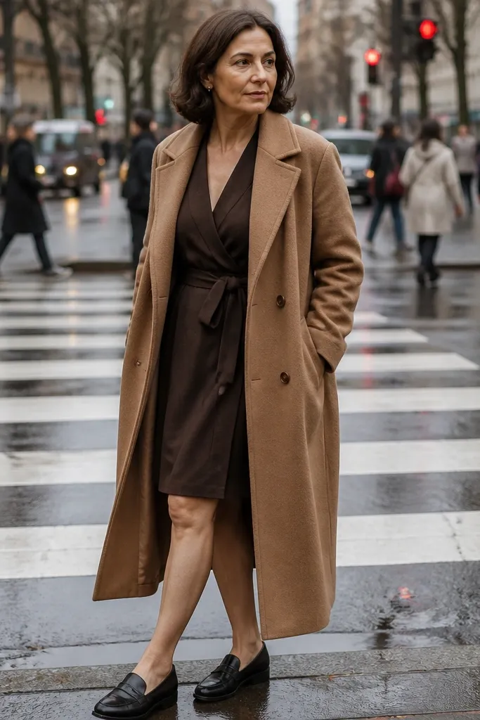 Dark chocolate wrap brown short dress with long camel coat and black loafers
