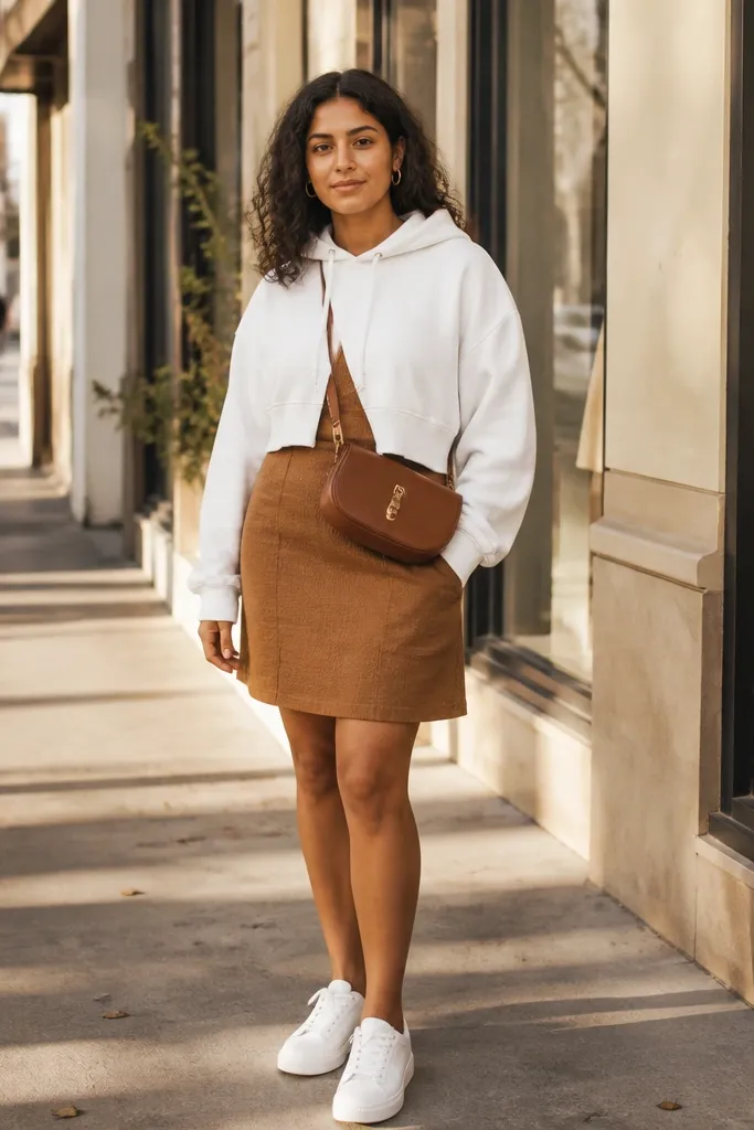 Caramel brown short dress with white cropped hoodie and brown belt bag