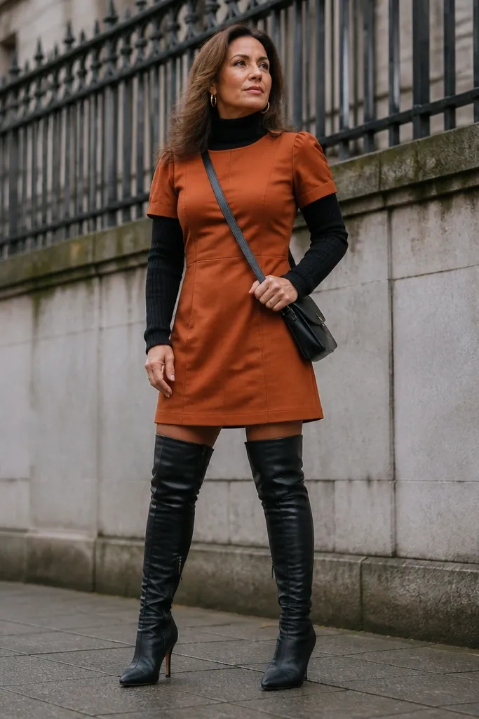 Rust brown short dress with black turtleneck and thigh-high boots