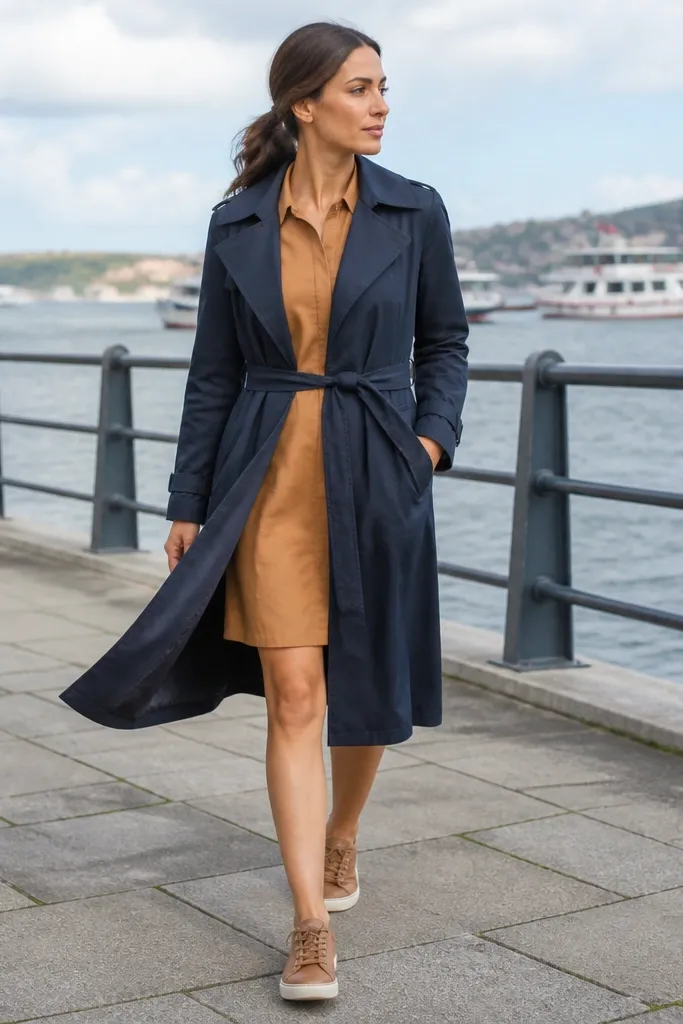 Caramel brown short dress with navy trench coat and tan leather sneakers