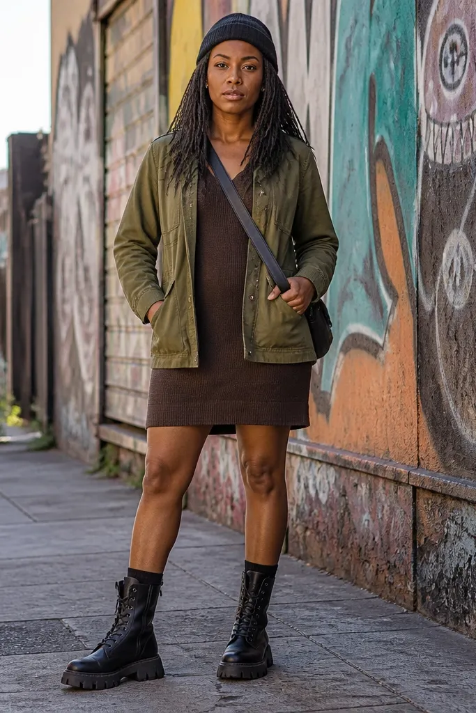 Espresso brown short dress with olive utility jacket and black combat boots