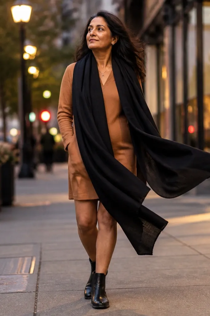 Caramel brown short dress with black scarf draped over shoulders and Chelsea boots