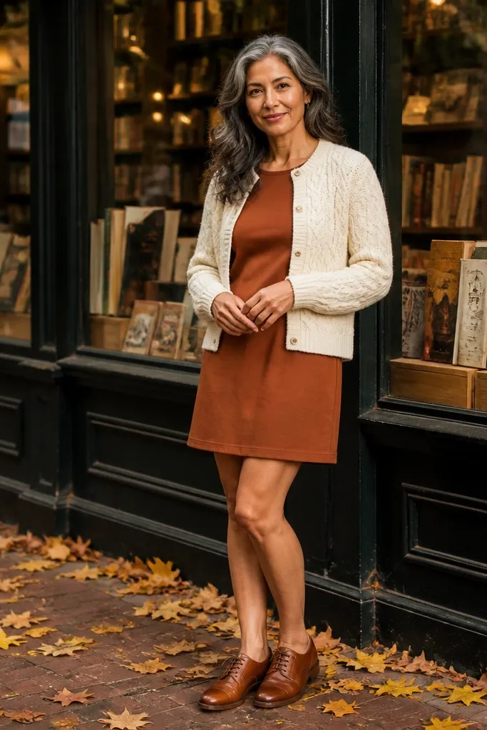 Cinnamon brown short dress with cream cardigan and cognac oxfords