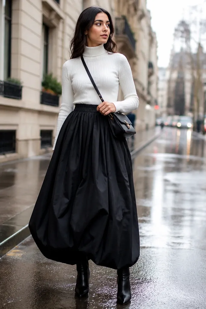 Black long bubble skirt with a white fitted turtleneck and black ankle boots