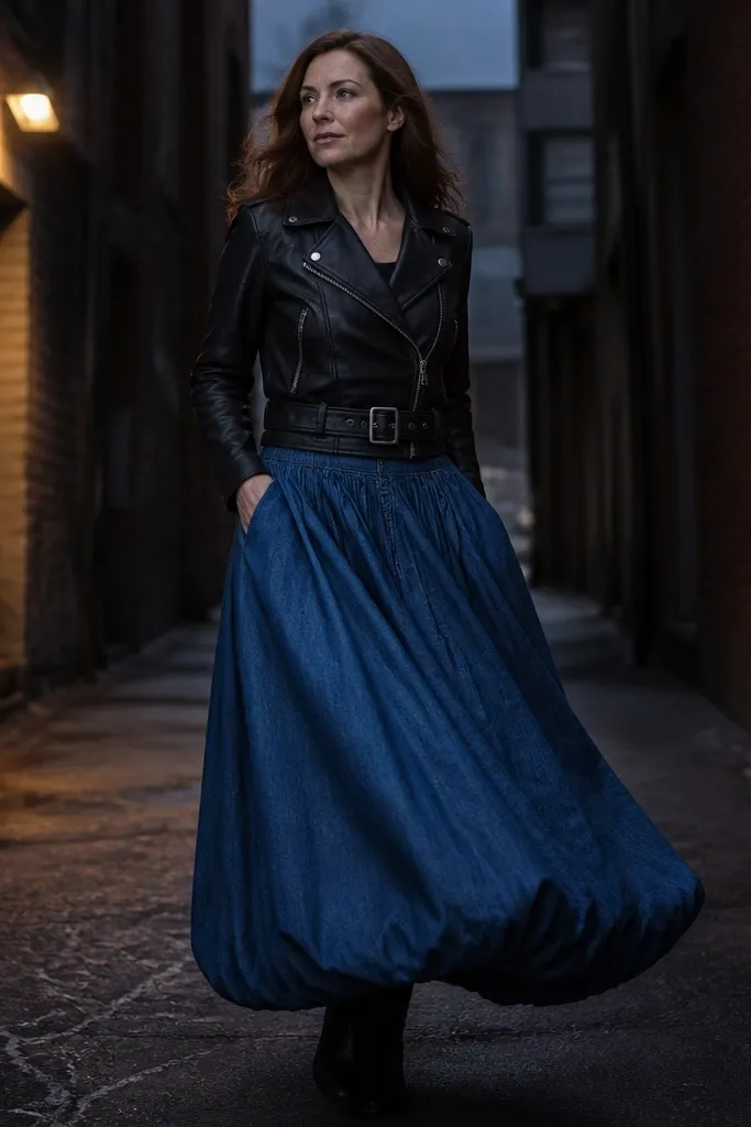 Denim blue long bubble skirt with a black cropped moto jacket and white sneakers