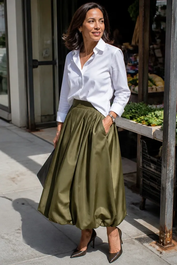 Olive long bubble skirt with a white button-down half-tucked and brown boots