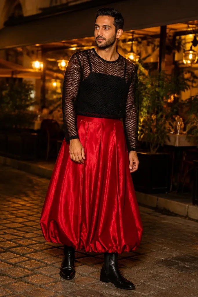 Red long bubble skirt with a black mesh top and black platform boots