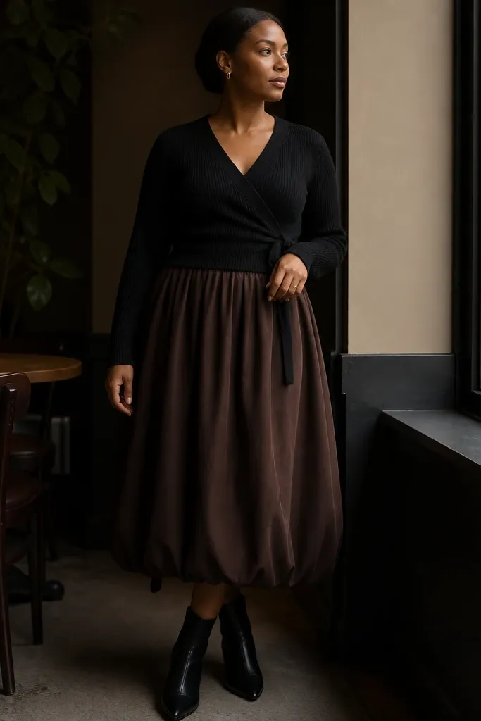 Espresso brown long bubble skirt with a black wrap top and heeled ankle boots