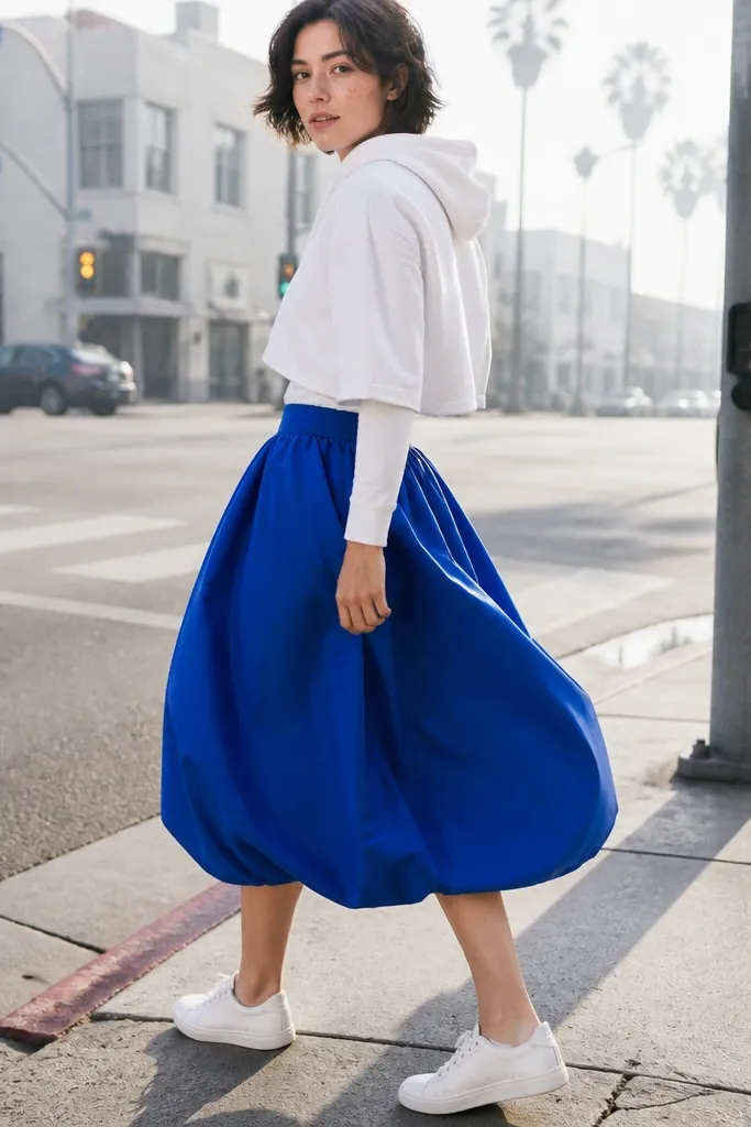 Cobalt blue long bubble skirt with a white cropped hoodie and white high-top sneakers