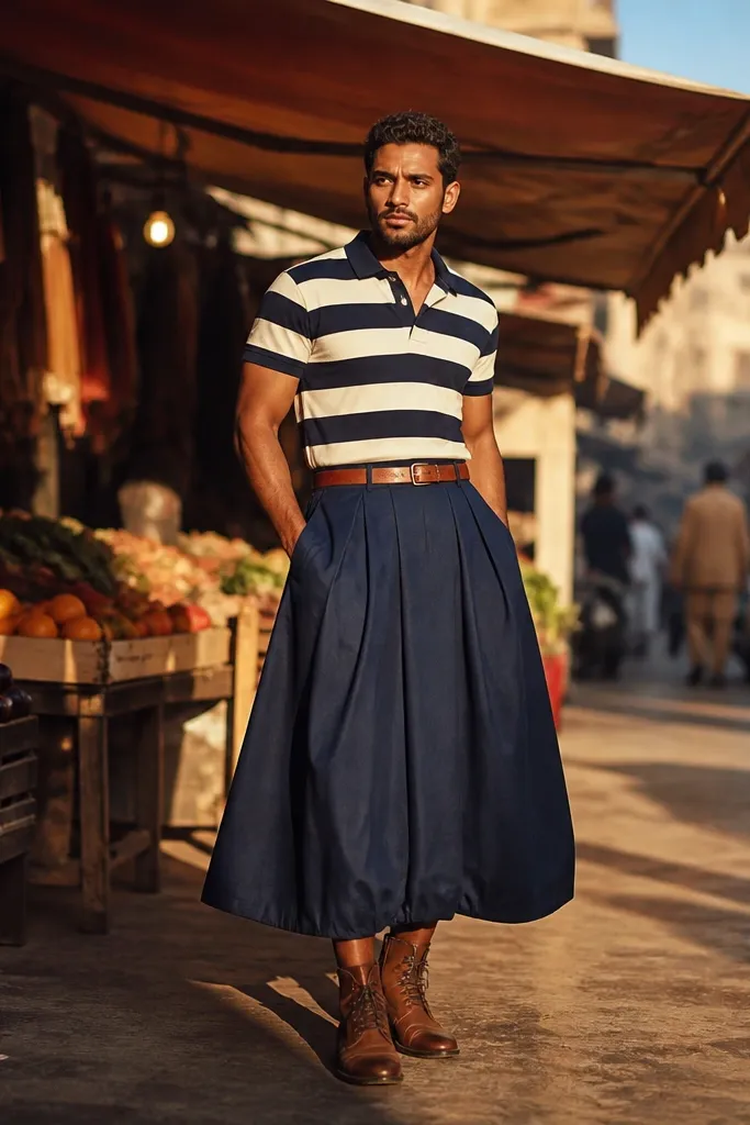 Navy long bubble skirt with a striped polo shirt and brown boots