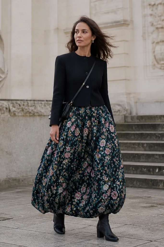 Floral long bubble skirt with a solid black cropped jacket and black loafers