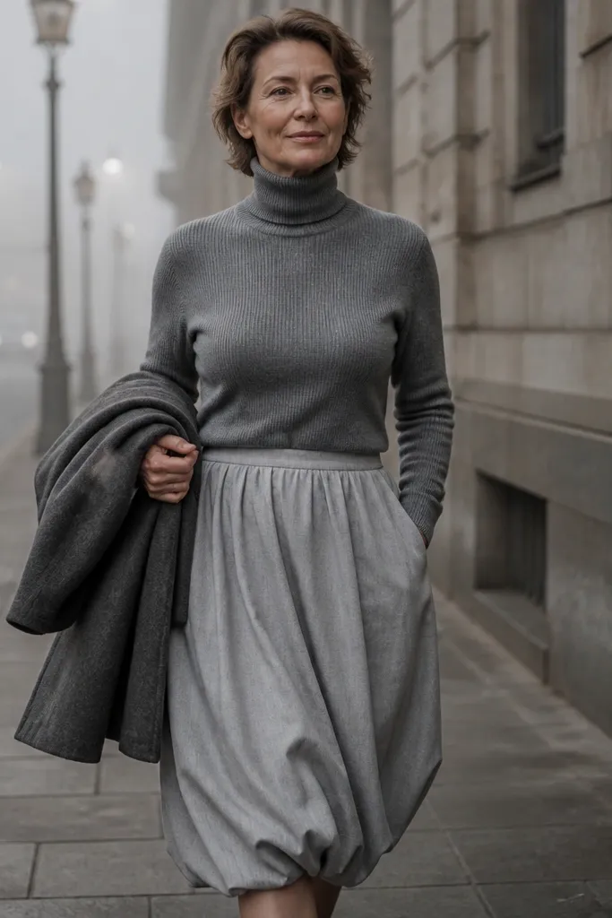 Light grey long bubble skirt with a monochrome grey turtleneck and white sneakers