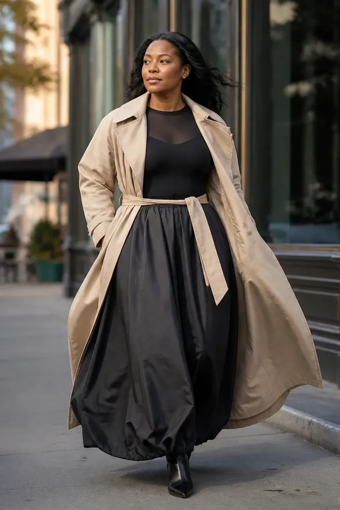 Black long bubble skirt with a sheer sleeve bodysuit and a long trench coat
