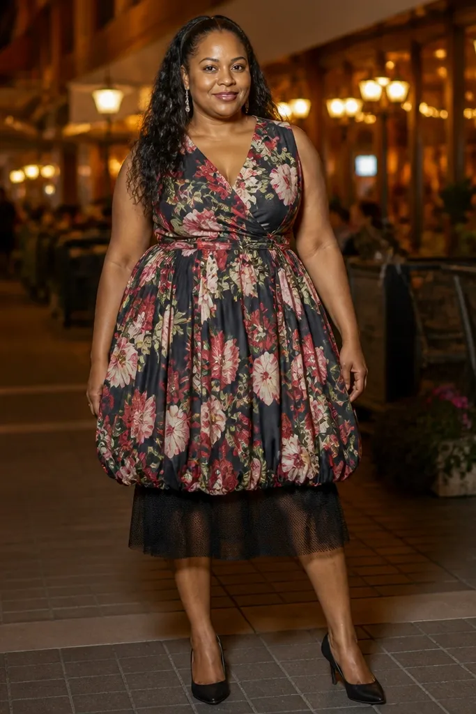 Floral long bubble overdress over black mesh and black boots