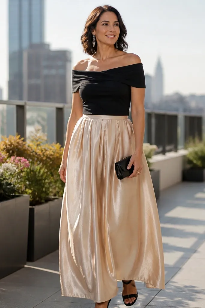 Champagne long bubble skirt with a black off-shoulder top and strappy heels