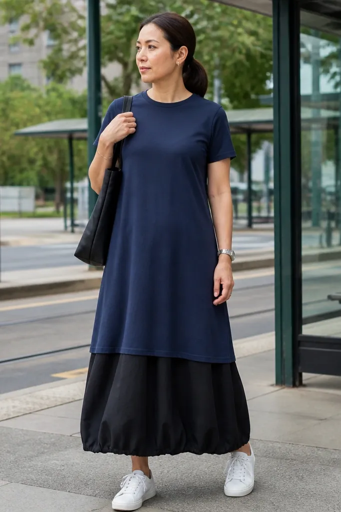 Black long bubble skirt with a navy t-shirt dress layer and white sneakers