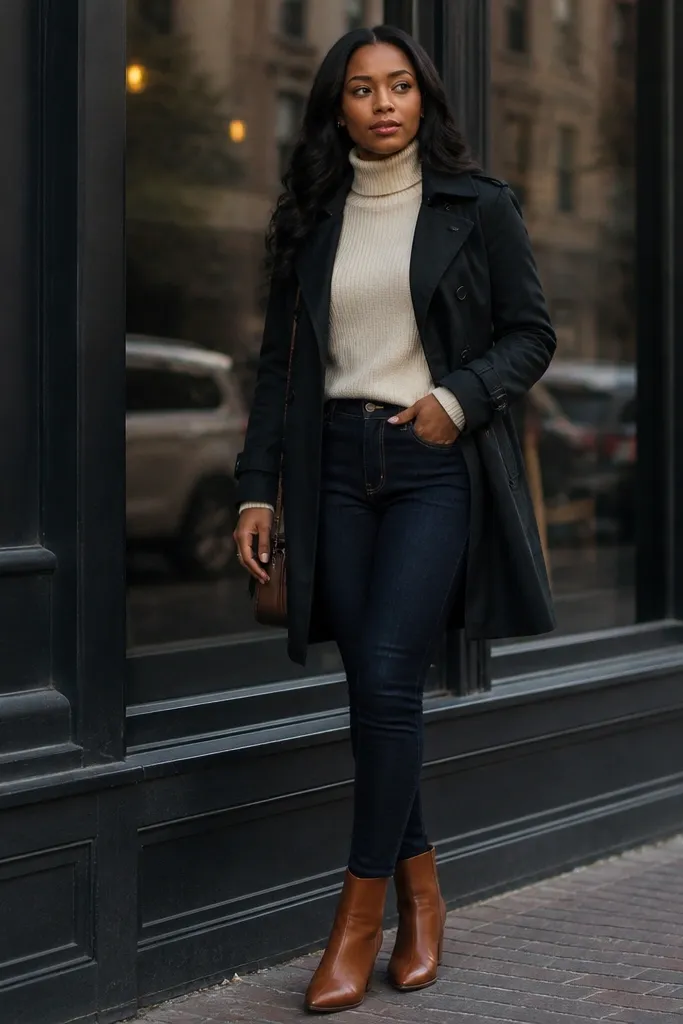 Black short trench over cream turtleneck with dark skinny jeans and tan boots