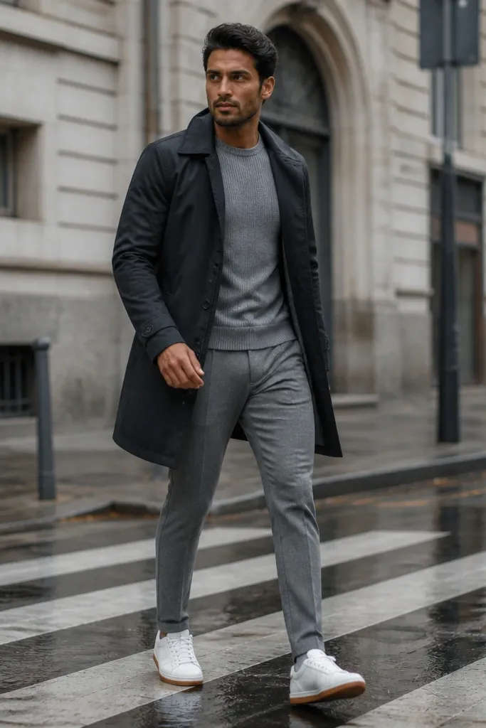 Black short trench over gray set with matching pants and sneakers