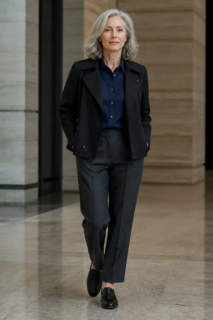 Black short trench over navy shirt with charcoal trousers and black loafers