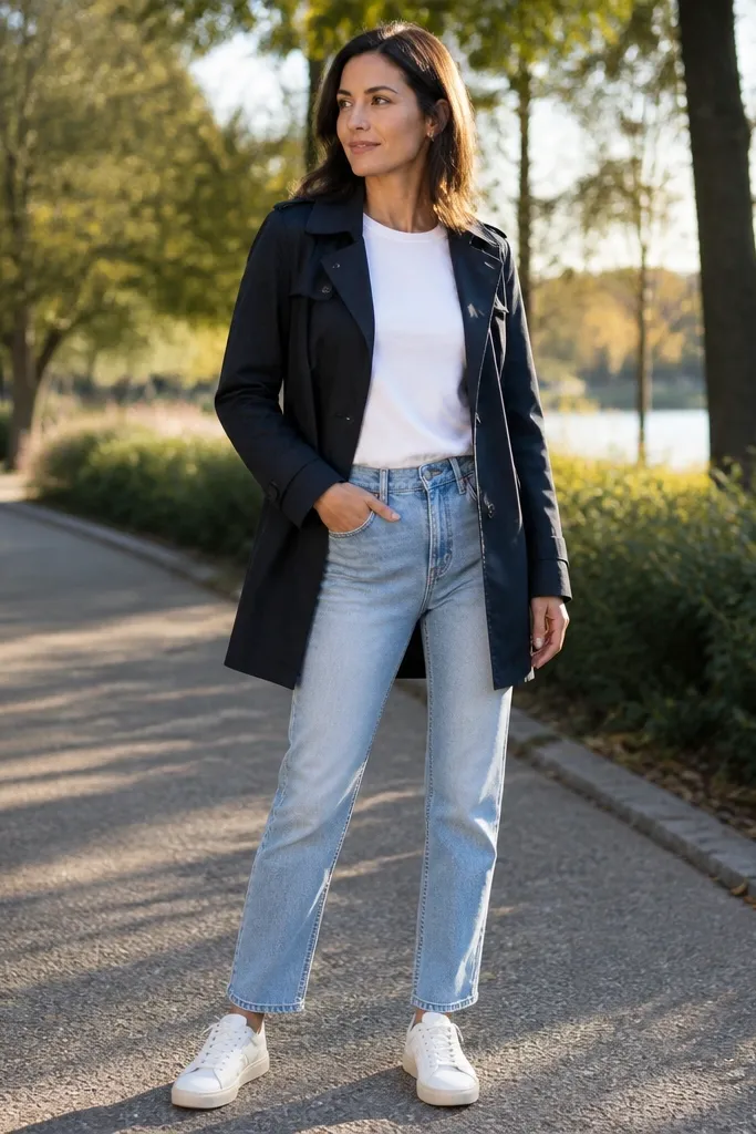 Black short trench over white tee with light wash straight jeans and white trainers