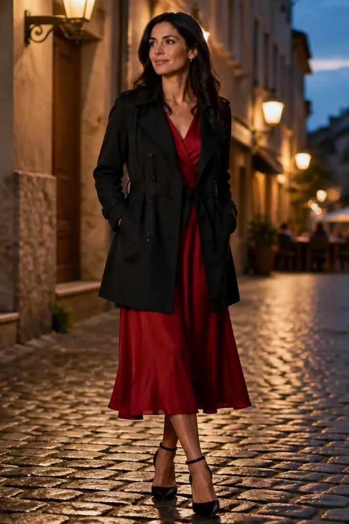 Black short trench over red midi dress with ankle-strap heels