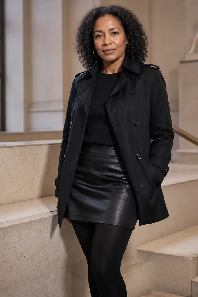 Black short trench over black satin skirt with opaque tights