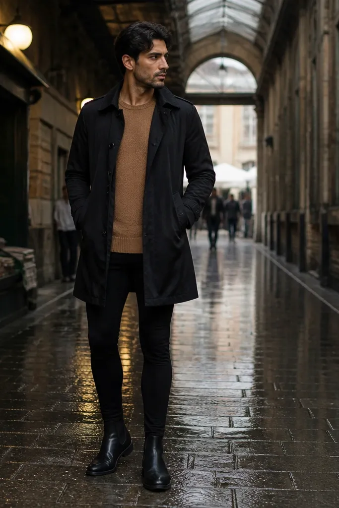 Black short trench over camel sweater with black leggings and Chelsea boots
