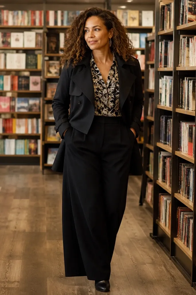 Black short trench over patterned blouse with black wide-leg trousers