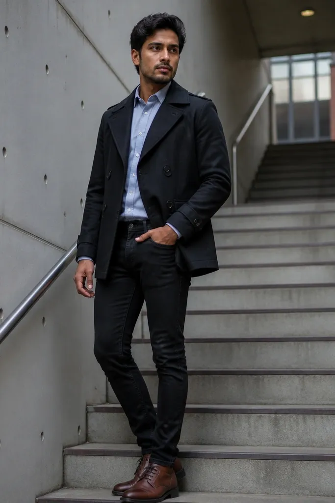 Black short trench over powder blue button-up with black jeans and dark brown lace-ups