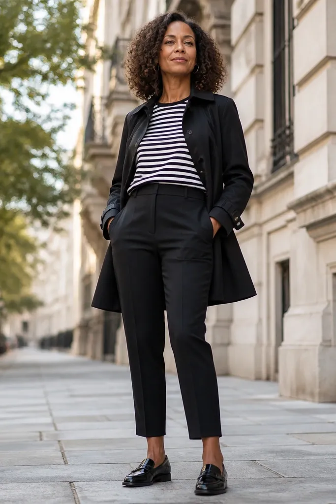 Black short trench over striped top with black trousers and ankle-length shoes