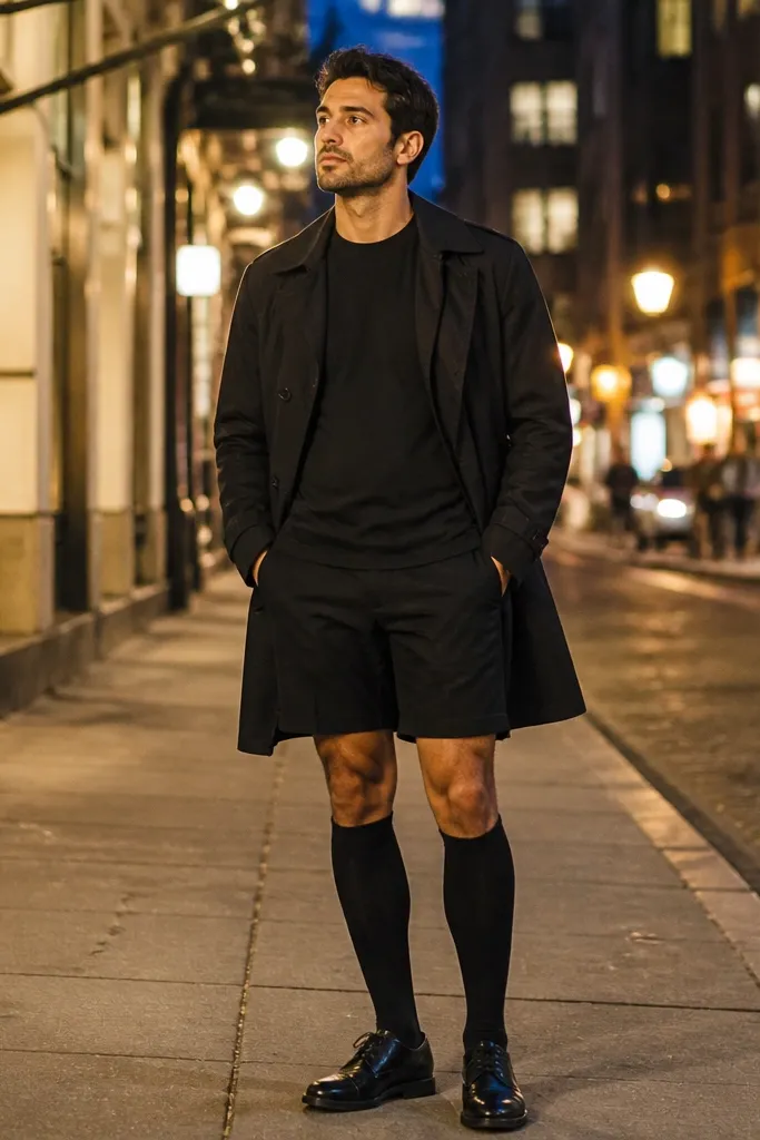 Black short trench over black tee with black shorts and long socks