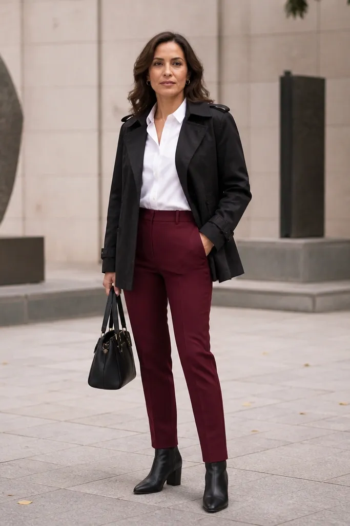 Black short trench over white blouse with burgundy trousers and black boots