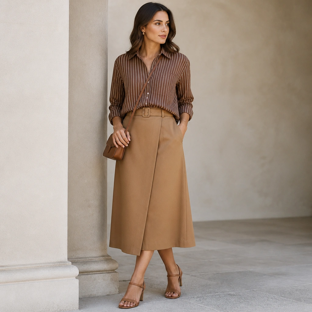 A brown striped shirt half-tucked into a camel belted midi skirt, paired with tan heeled sandals; the model carries a small structured crossbody bag.