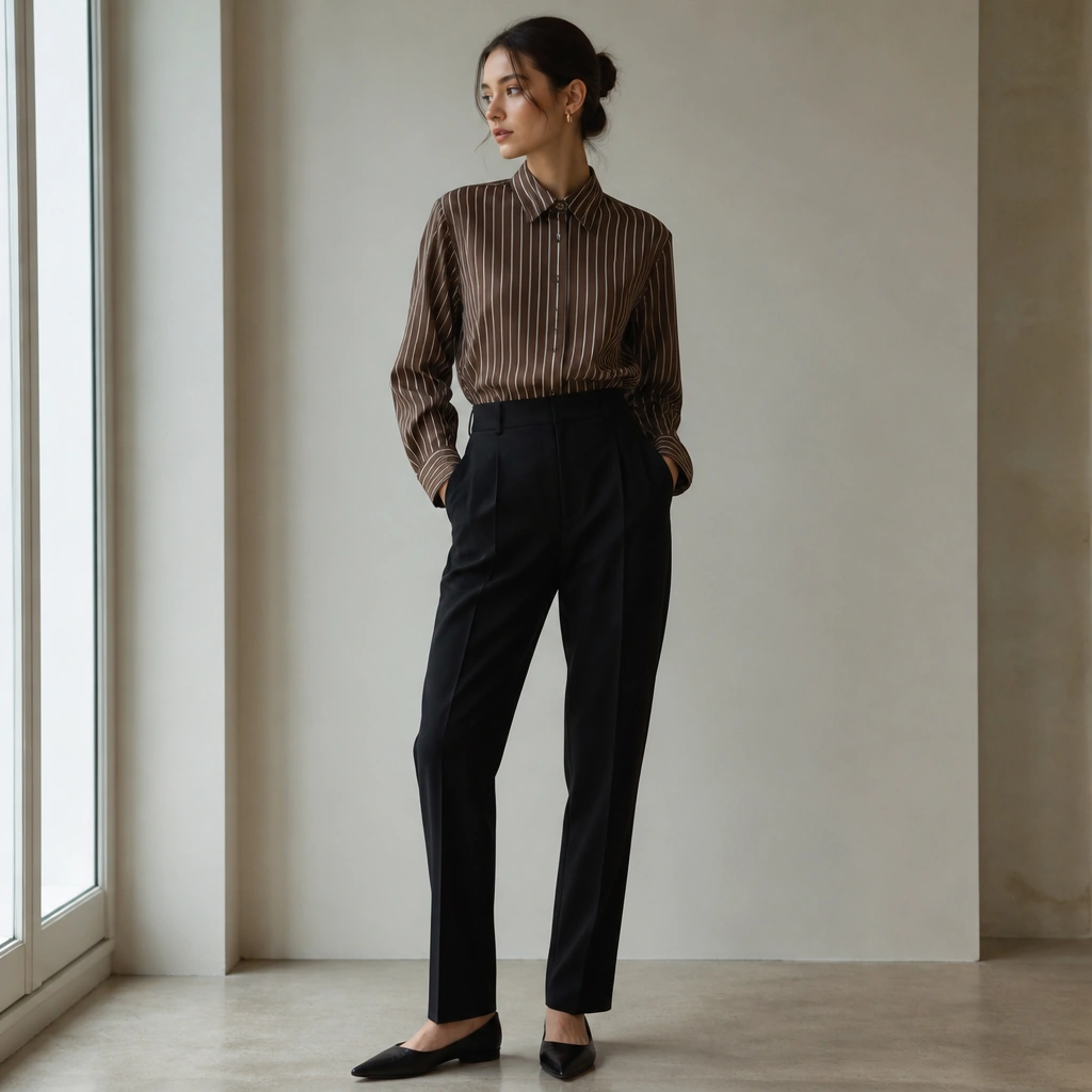A tucked brown striped button-up inside black high-waisted tailored trousers, with pointed flats and minimal earrings; the shirt collar is crisp and centered.