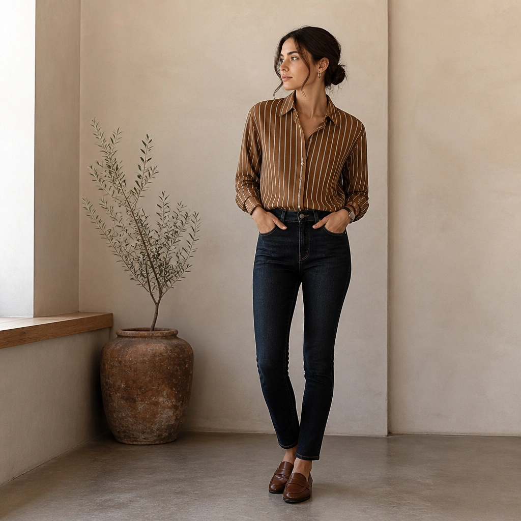 A caramel brown striped shirt tucked into dark wash skinny jeans, paired with brown leather loafers; a watch and small hoop earrings are visible.